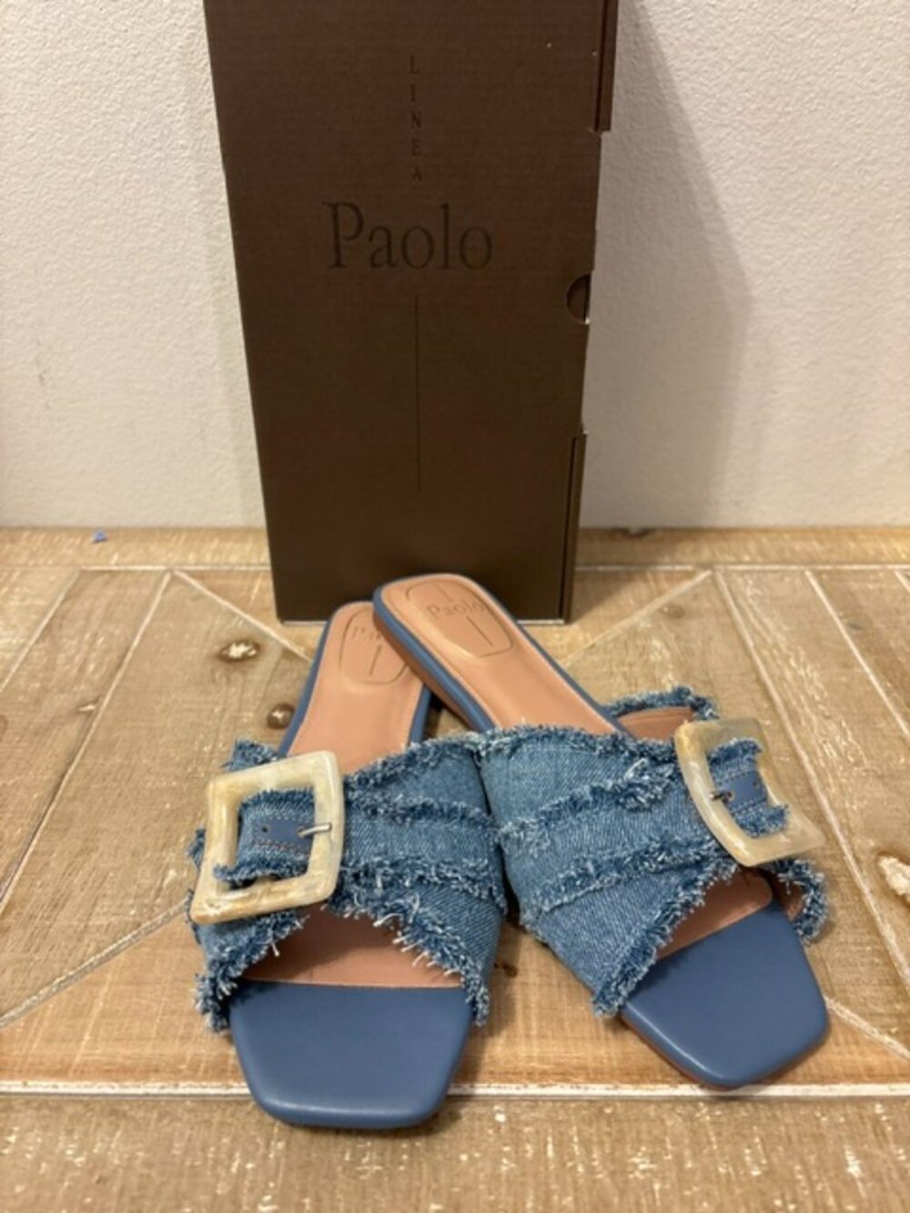 NEW LINEA Paolo Lottie-L Blue Frayed Denim Sandals Sizes 8.5 9 9.5 10